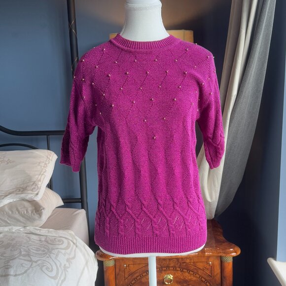 Vintage Eatons Fuschia and Gold Short  Sleeve Sweater - Picture 3 of 10